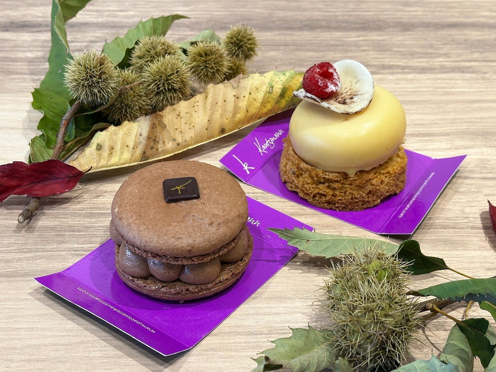 Le macaron au chocolat et l'Éclipse, dôme jaune surmonté d'une framboise, de la Pâtisserie Kautzmann, parmi des feuilles de châtaignier